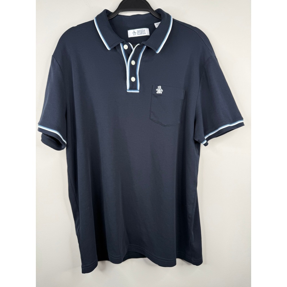 Original Penguin Mens XL Navy Blue Organic Cotton Tipped Polo Shirt Pocket Logo
